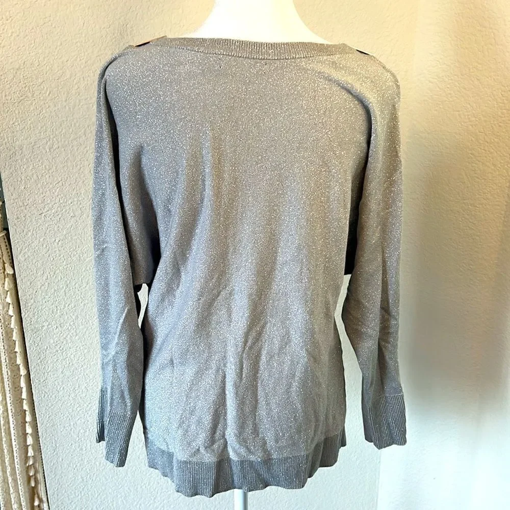 7th Avenue Design Studio Long Sleeve Cold Shoulder Silver Glitter Sweater ~ M